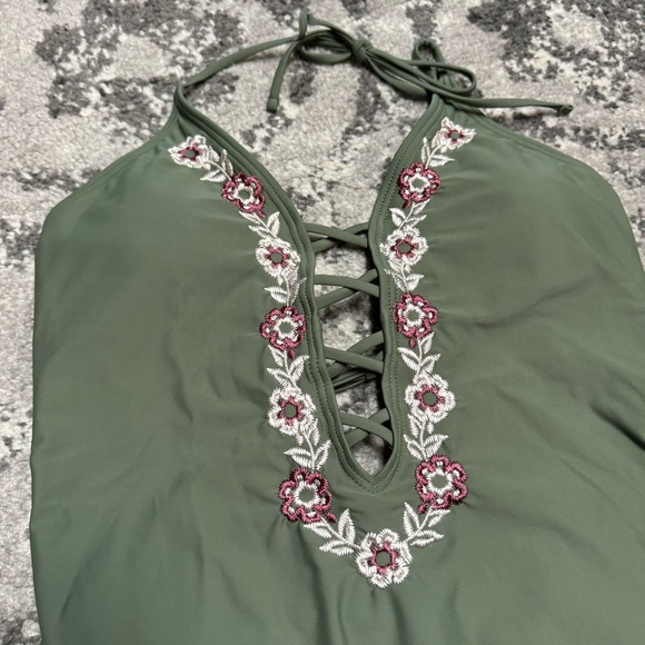 Francesca’s Swim Olive Green Lace Up Floral Embroidered One Piece Swim Suit - Picture 2 of 8